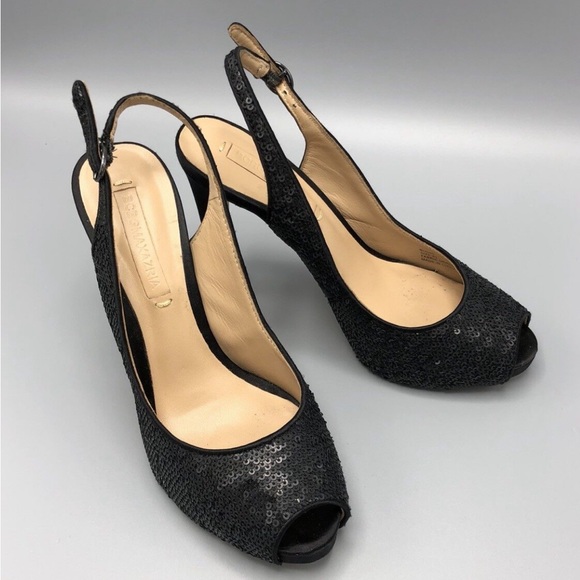 BCBG heels - black sequin slingback platform shoes peep toe size 8.5. Stiletto - Picture 1 of 17